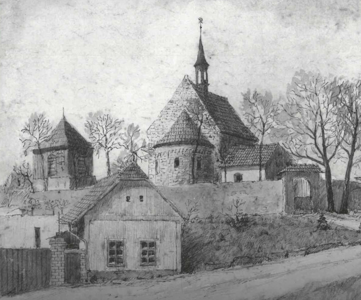 Návrší s kostelíkem Stětí sv. Jana Křtitele v Dolních Chabrech od východu. Obraz malíře Antonína Bílka (1881–1937), nedatováno Návrší s kostelíkem Stětí sv. Jana Křtitele v Dolních Chabrech od východu. Obraz malíře Antonína Bílka (1881–1937), nedatováno